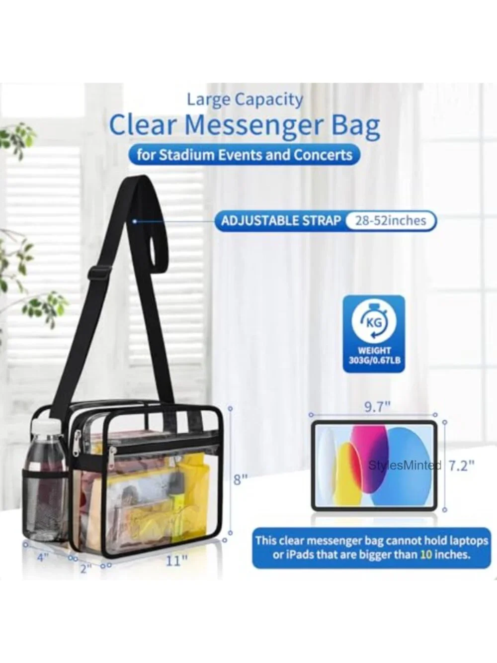 Clear Stadium Approved Messenger Bag, 2 Zipper Compartments, Adjustable Strap